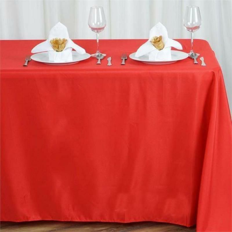 Red Seamless Polyester Rectangular Tablecloth 90″x156″ for 8 Foot Table With Floor-Length Drop  |   Polyester Polyester Polyester