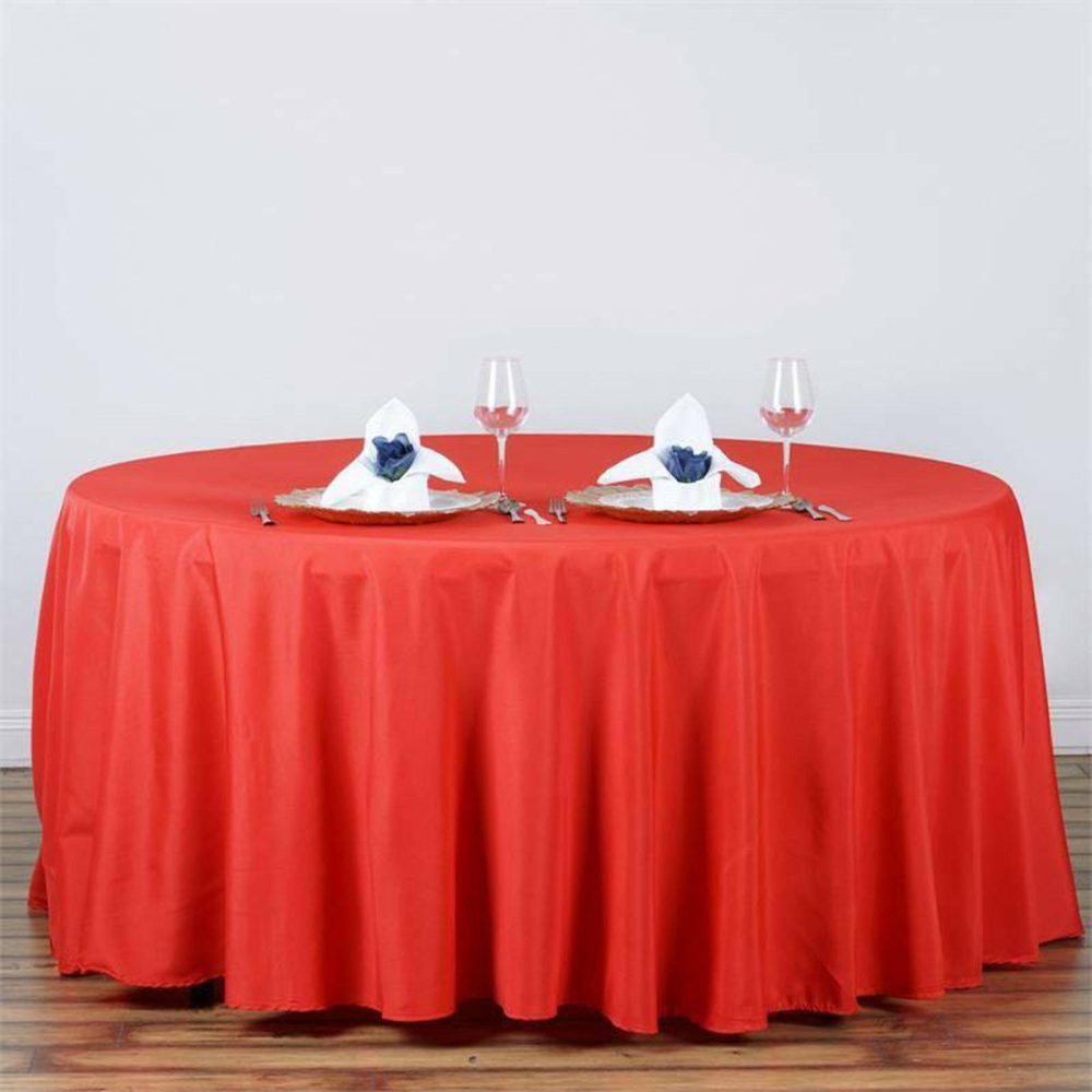 Red Seamless Polyester Round Tablecloth 120″ for 5 Foot Table With Floor-Length Drop  |   Polyester Polyester Polyester