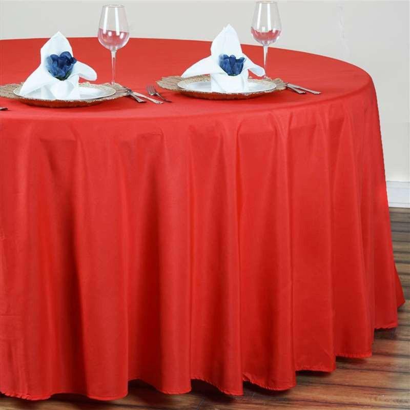 Red Seamless Polyester Round Tablecloth 120″ for 5 Foot Table With Floor-Length Drop  |   Polyester Polyester Polyester