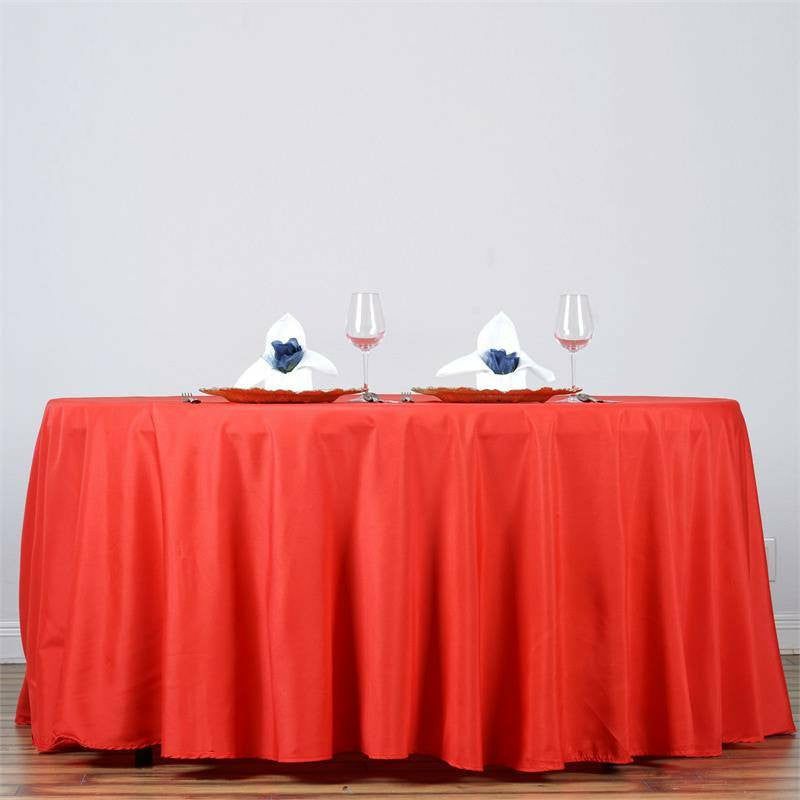 Red Seamless Polyester Round Tablecloth 132″ for 6 Foot Table With Floor-Length Drop  |   Polyester Polyester Polyester