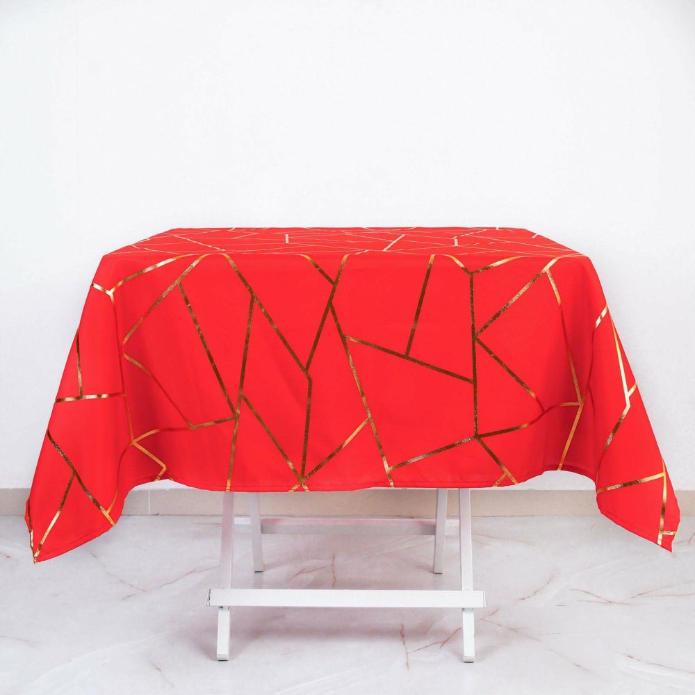 Red Seamless Polyester Square Tablecloth With Gold Foil Geometric Pattern 54″x54″  |   Polyester Polyester Polyester