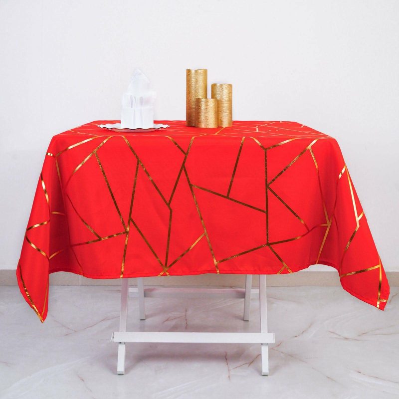 Red Seamless Polyester Square Tablecloth With Gold Foil Geometric Pattern 54″x54″  |   Polyester Polyester Polyester