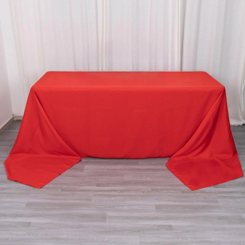 Red Seamless Premium Polyester Rectangular Tablecloth 220GSM 90″x156″ for 8 Foot Table With Floor-Length Drop  |   Polyester Polyester Polyester