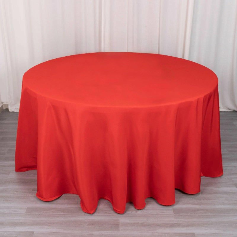 Red Seamless Premium Polyester Round Tablecloth 220GSM 120″ for 5 Foot Table With Floor-Length Drop  |   Polyester Polyester Polyester