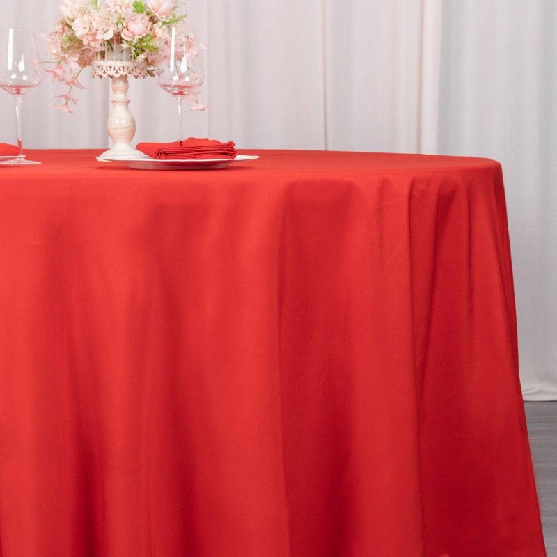 Red Seamless Premium Polyester Round Tablecloth 220GSM 120″ for 5 Foot Table With Floor-Length Drop  |   Polyester Polyester Polyester