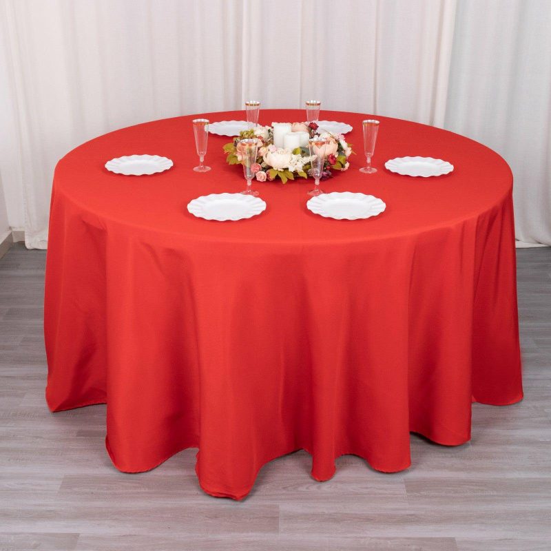 Red Seamless Premium Polyester Round Tablecloth 220GSM 120″ for 5 Foot Table With Floor-Length Drop  |   Polyester Polyester Polyester