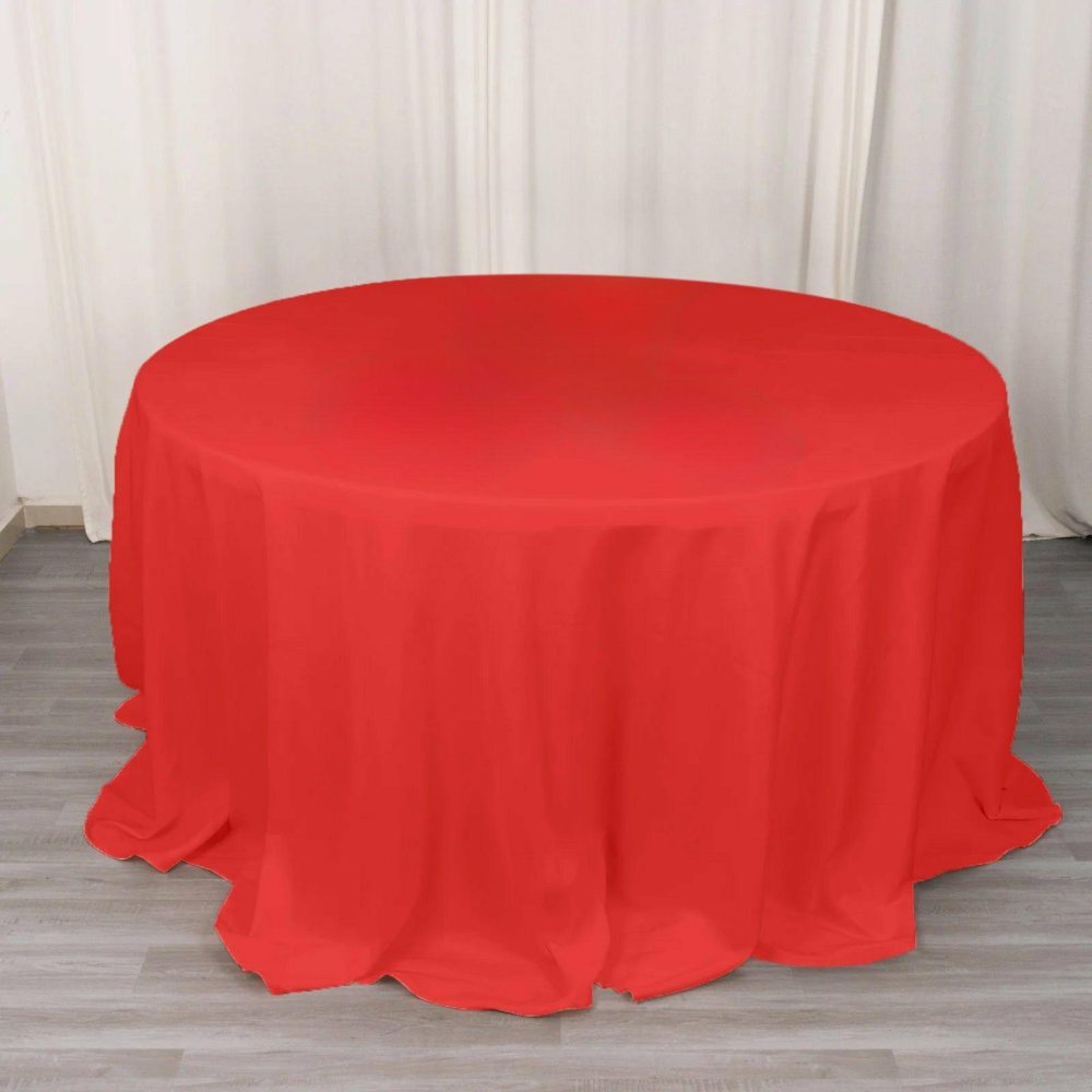 Red Seamless Premium Polyester Round Tablecloth 220GSM 132″ for 6 Foot Table With Floor-Length Drop  |   Polyester Polyester Polyester