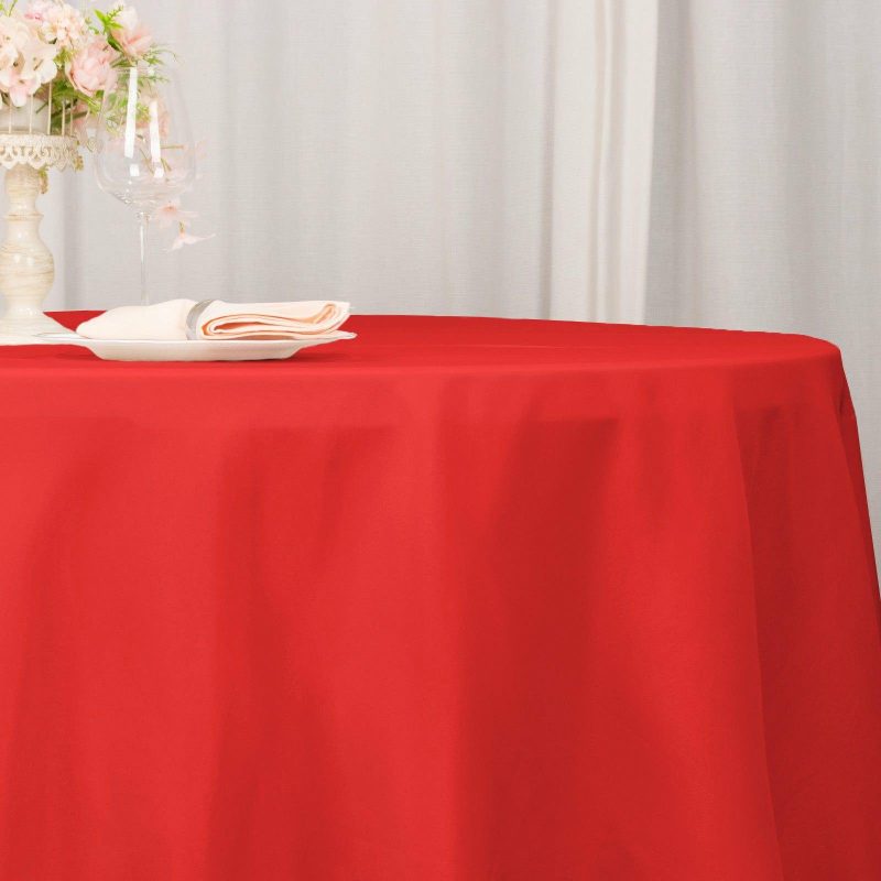 Red Seamless Premium Polyester Round Tablecloth 220GSM 132″ for 6 Foot Table With Floor-Length Drop  |   Polyester Polyester Polyester