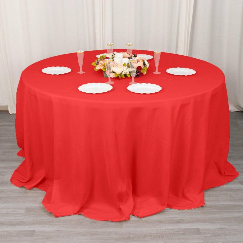 Red Seamless Premium Polyester Round Tablecloth 220GSM 132″ for 6 Foot Table With Floor-Length Drop  |   Polyester Polyester Polyester