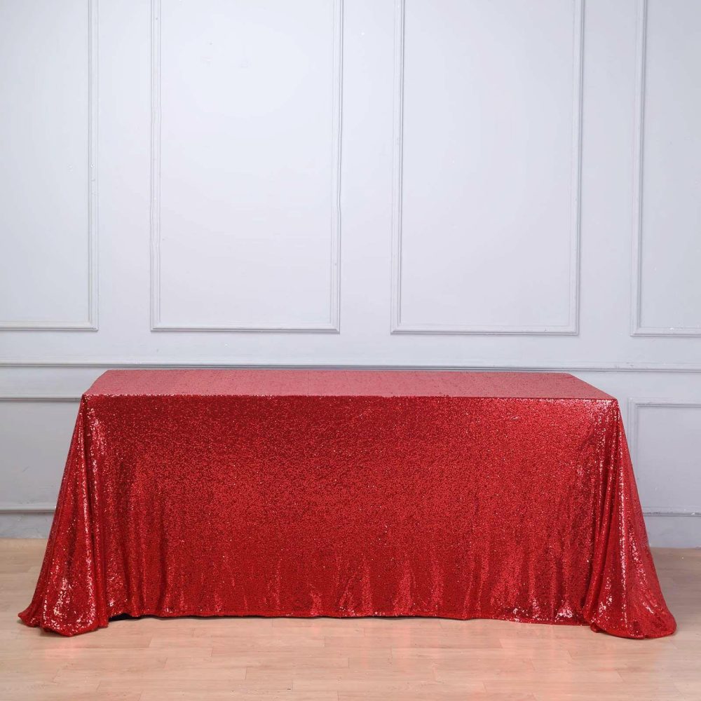 Red Seamless Premium Sequin Rectangle Tablecloth 90″x132″ for 6 Foot Table With Floor-Length Drop  |   Sequin Sequin Red