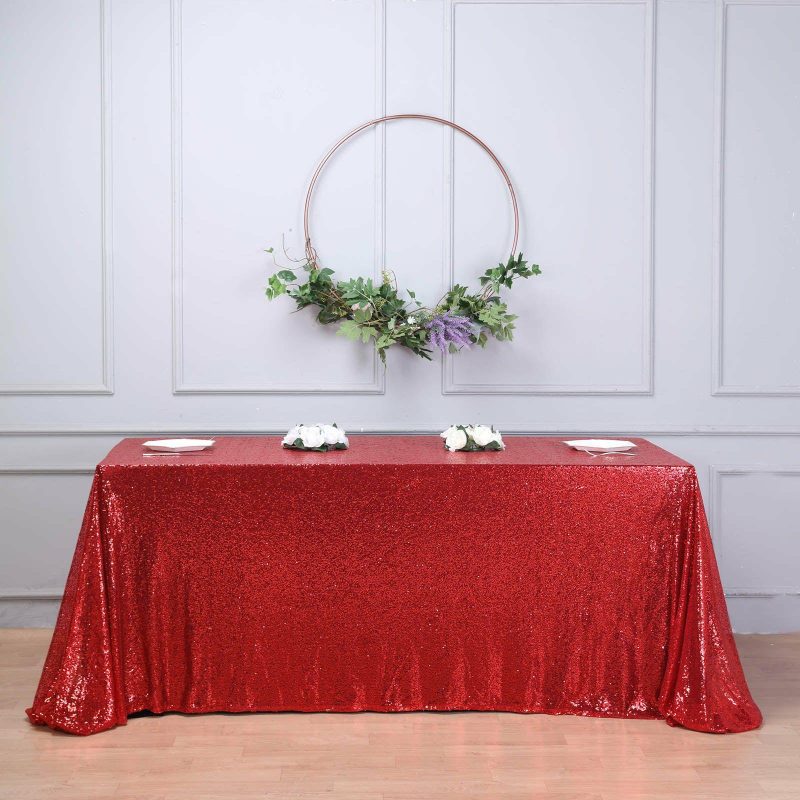 Red Seamless Premium Sequin Rectangle Tablecloth 90″x132″ for 6 Foot Table With Floor-Length Drop  |   Sequin Sequin Red