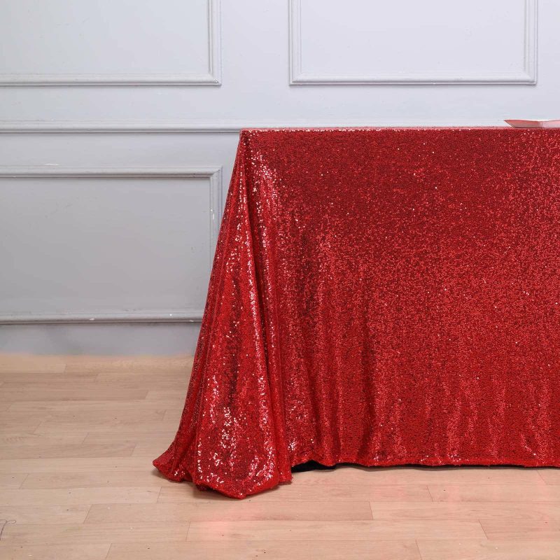 Red Seamless Premium Sequin Rectangle Tablecloth 90×156″ for 8 Foot Table With Floor-Length Drop  |   Sequin Sequin Red