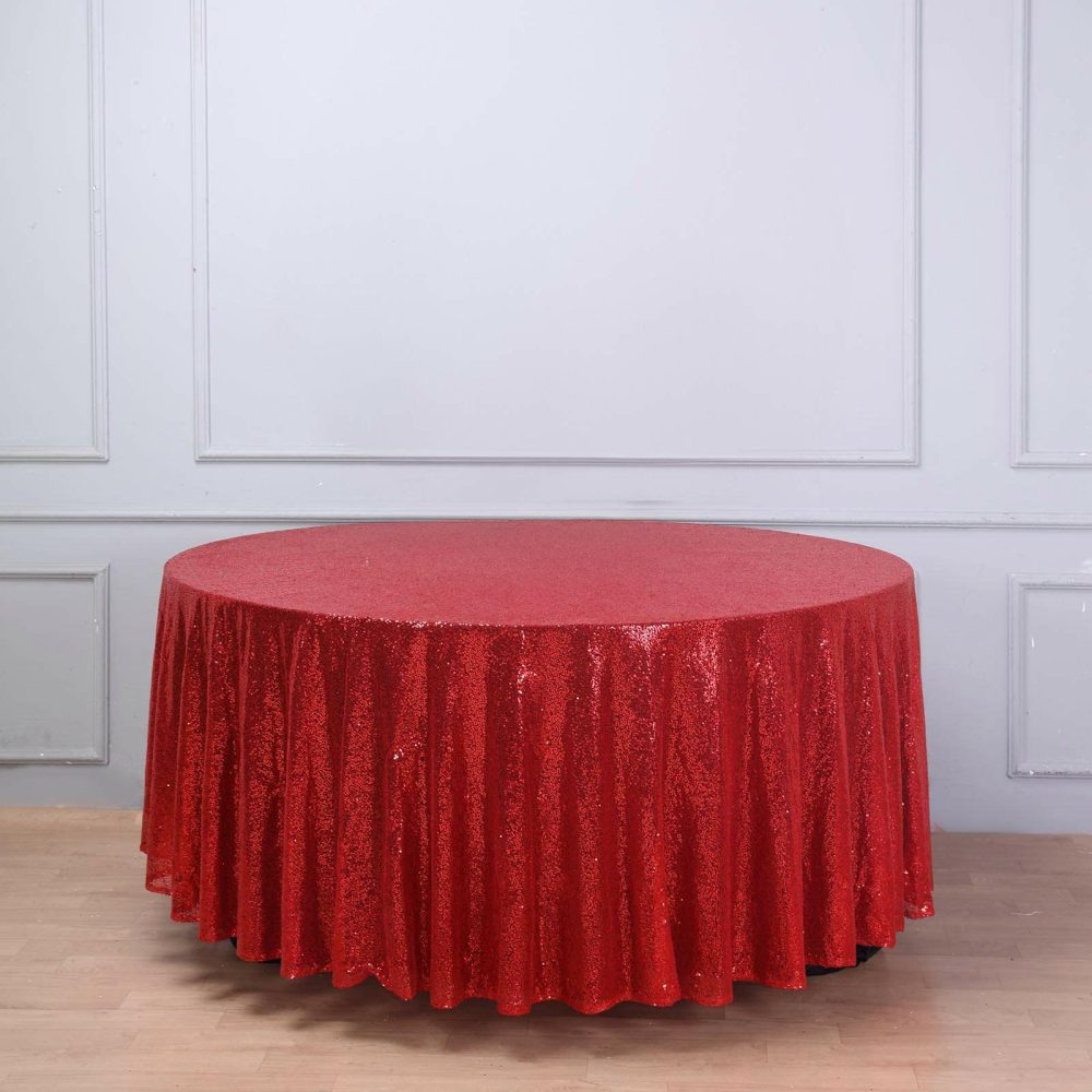 Red Seamless Premium Sequin Round Tablecloth 108″  |   Sequin Sequin Red