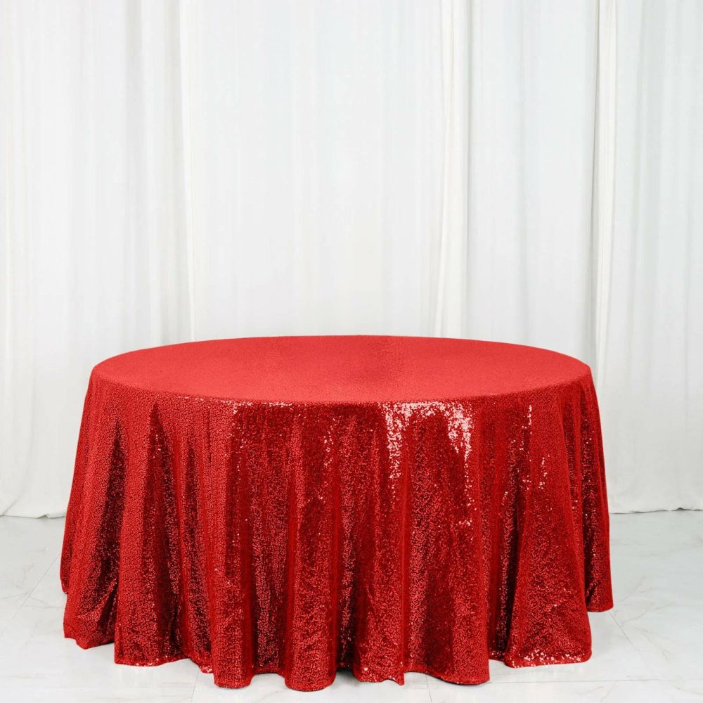 Red Seamless Premium Sequin Round Tablecloth 120″ for 5 Foot Table With Floor-Length Drop  |   Sequin Sequin Red