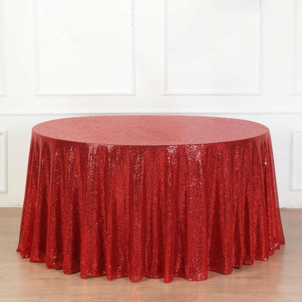 Red Seamless Premium Sequin Round Tablecloth, Sparkly Tablecloth 132″ for 6 Foot Table With Floor-Length Drop  |   Sequin Sequin Red