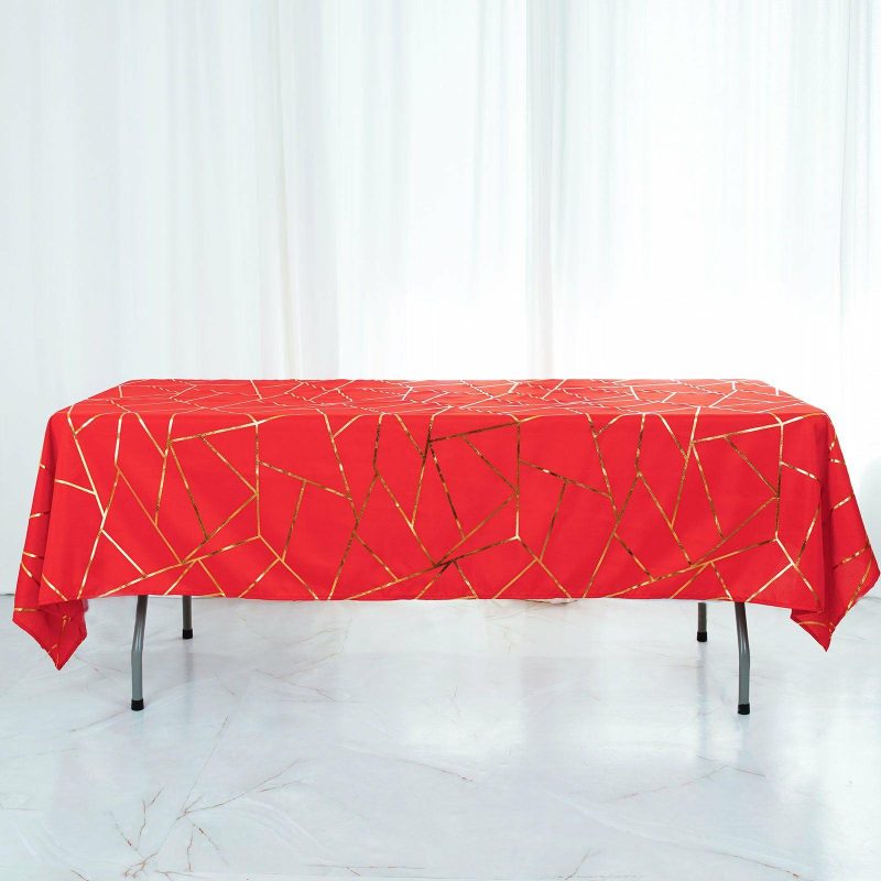 Red Seamless Rectangle Polyester Tablecloth With Gold Foil Geometric Pattern 60″x102″  |   Polyester Polyester Polyester