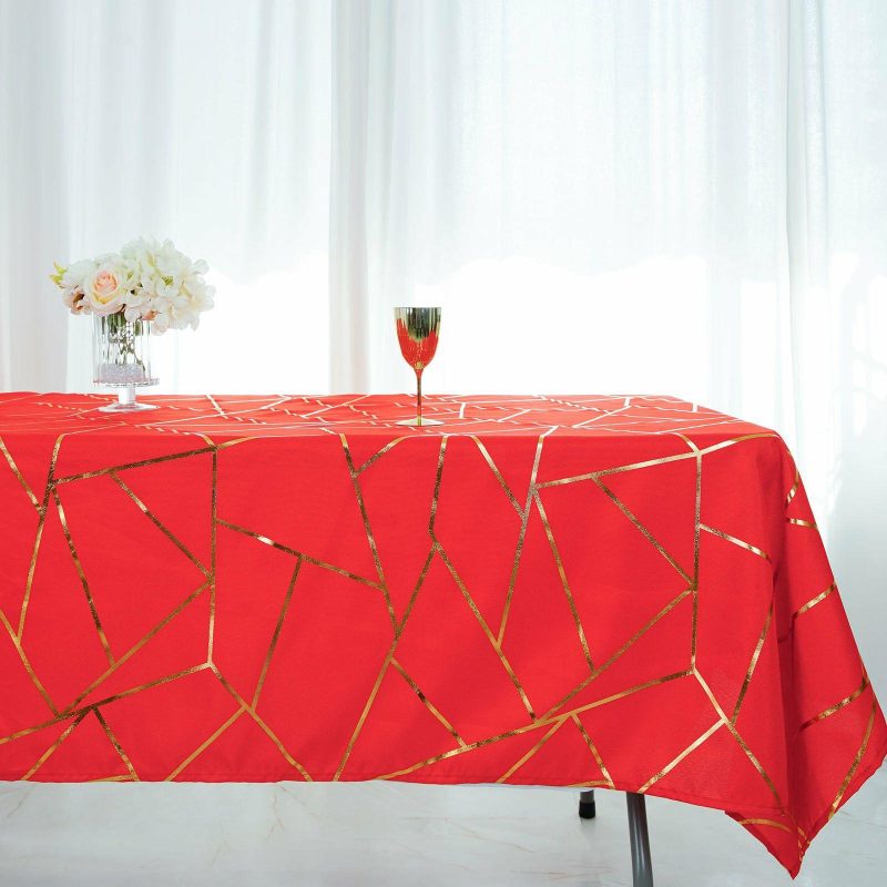 Red Seamless Rectangle Polyester Tablecloth With Gold Foil Geometric Pattern 60″x102″  |   Polyester Polyester Polyester