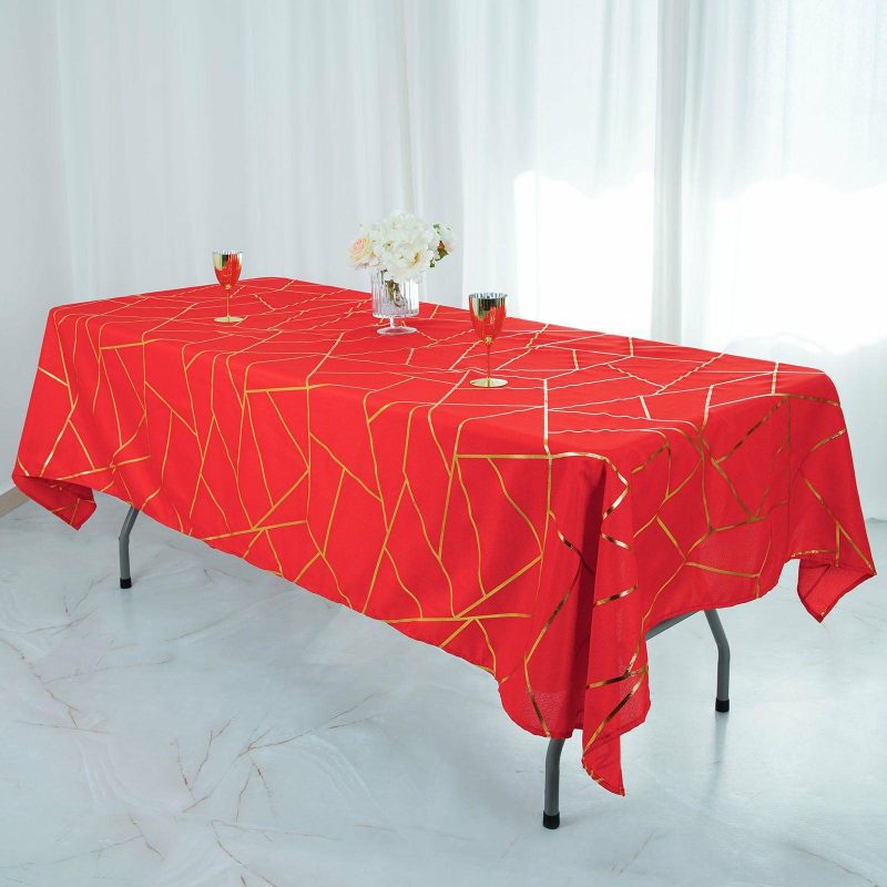 Red Seamless Rectangle Polyester Tablecloth With Gold Foil Geometric Pattern 60″x102″  |   Polyester Polyester Polyester