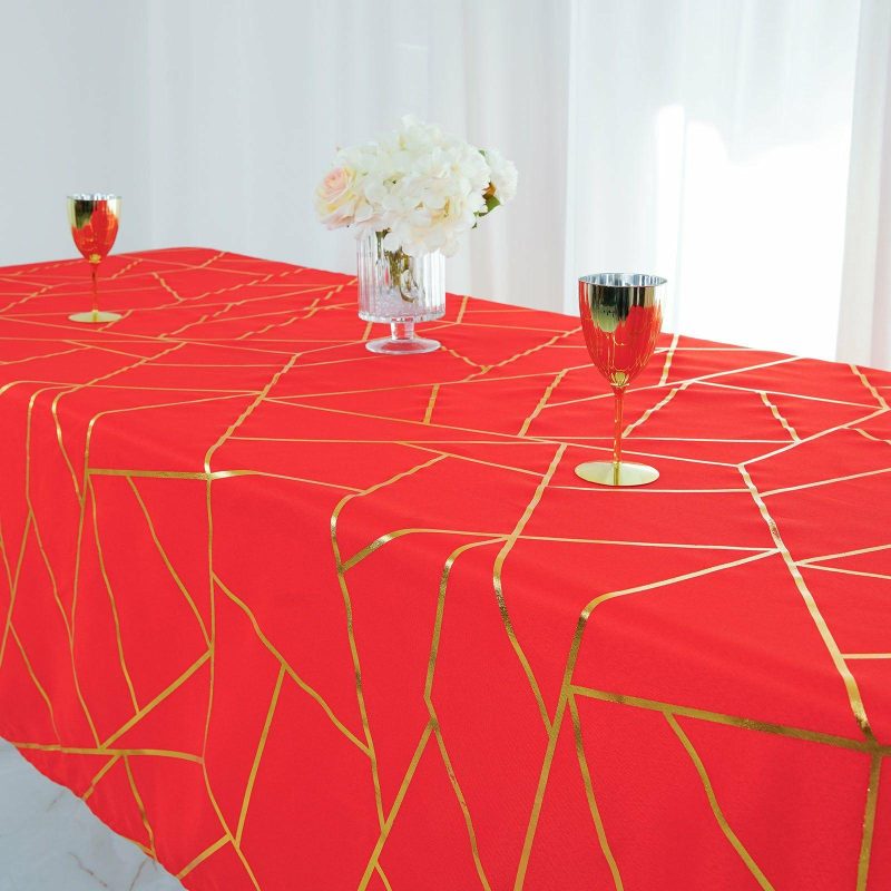 Red Seamless Rectangle Polyester Tablecloth With Gold Foil Geometric Pattern 60″x102″  |   Polyester Polyester Polyester