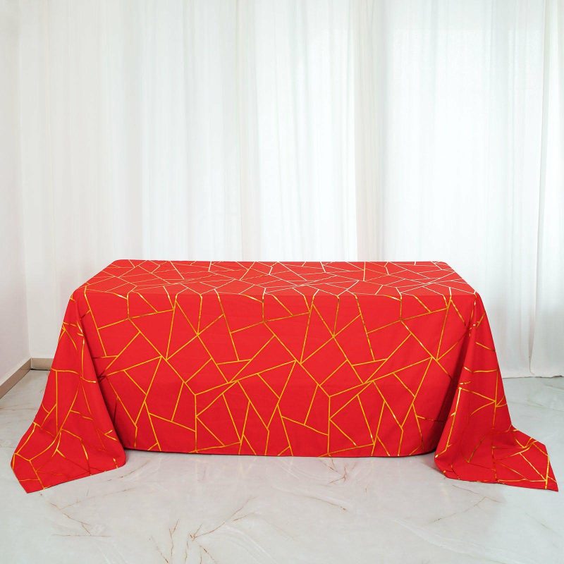 Red Seamless Rectangle Polyester Tablecloth With Gold Foil Geometric Pattern 90″x132″ for 6 Foot Table With Floor-Length Drop  |   Polyester Polyester Polyester