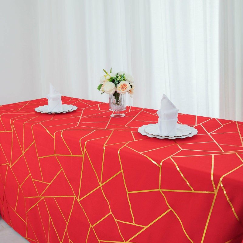 Red Seamless Rectangle Polyester Tablecloth With Gold Foil Geometric Pattern 90″x132″ for 6 Foot Table With Floor-Length Drop  |   Polyester Polyester Polyester