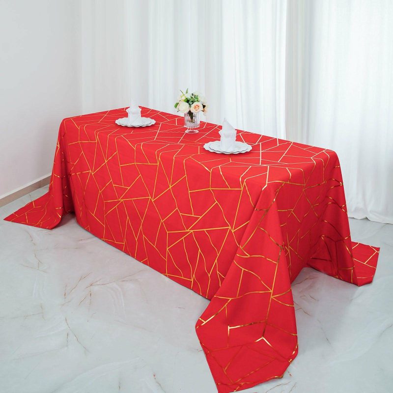 Red Seamless Rectangle Polyester Tablecloth With Gold Foil Geometric Pattern 90″x132″ for 6 Foot Table With Floor-Length Drop  |   Polyester Polyester Polyester