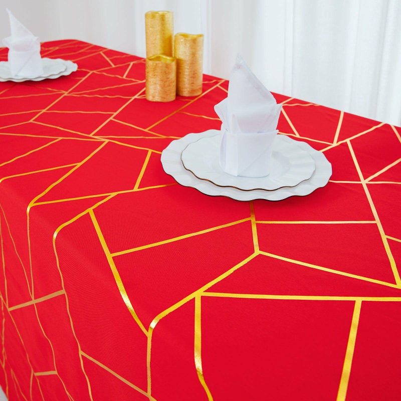 Red Seamless Rectangle Polyester Tablecloth With Gold Foil Geometric Pattern 90″x132″ for 6 Foot Table With Floor-Length Drop  |   Polyester Polyester Polyester