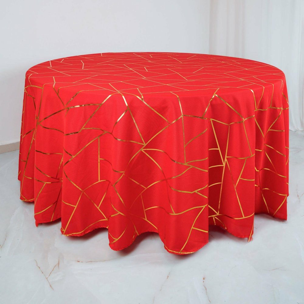 Red Seamless Round Polyester Tablecloth With Gold Foil Geometric Pattern 120″ for 5 Foot Table With Floor-Length Drop  |   Polyester Polyester Polyester