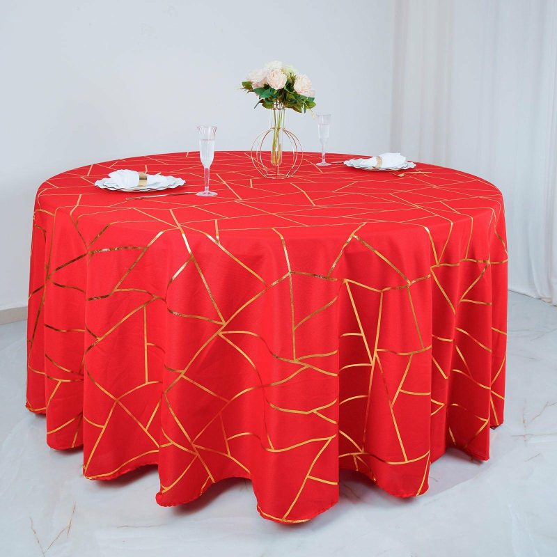 Red Seamless Round Polyester Tablecloth With Gold Foil Geometric Pattern 120″ for 5 Foot Table With Floor-Length Drop  |   Polyester Polyester Polyester