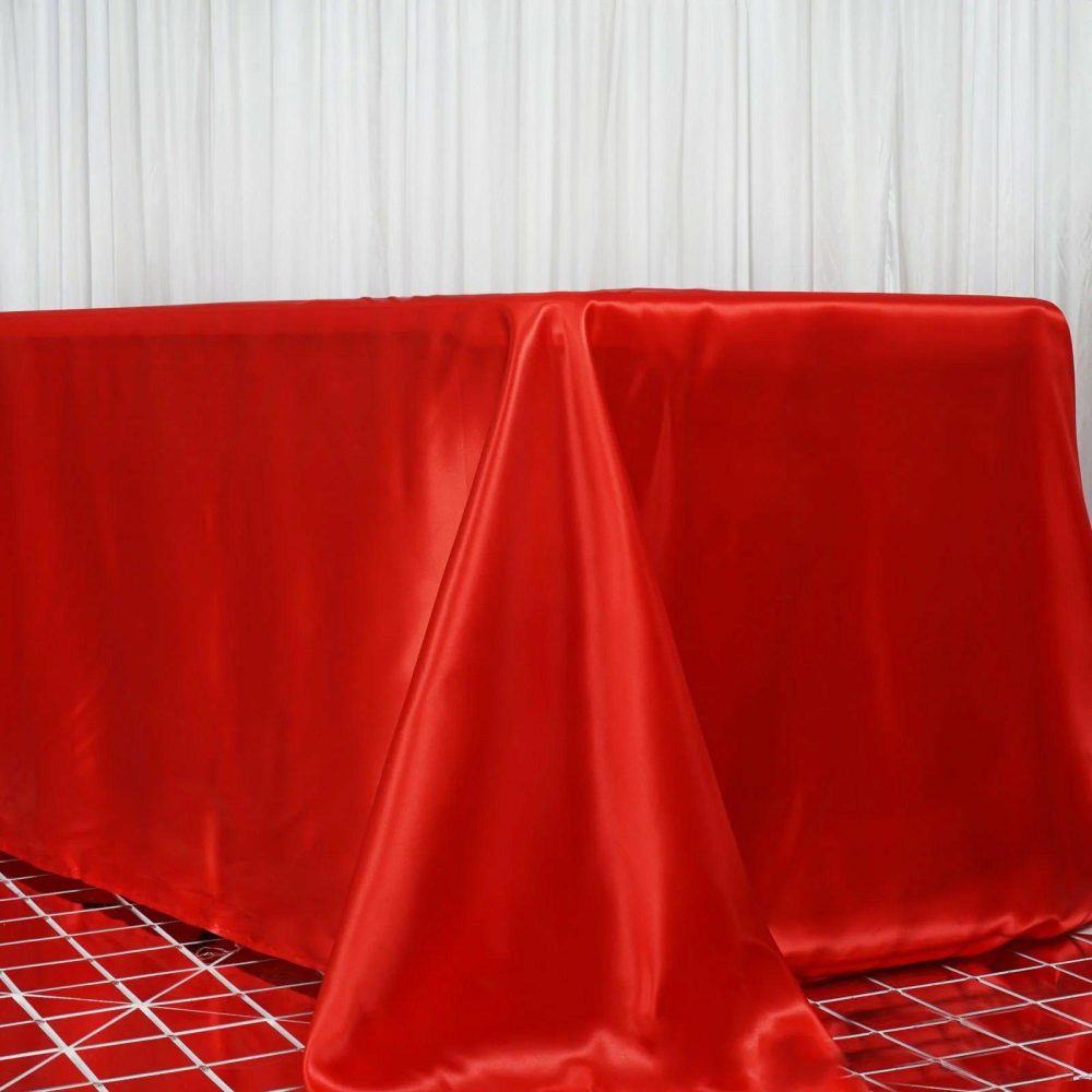 Red Seamless Satin Rectangular Tablecloth 90″x156″ for 8 Foot Table With Floor-Length Drop  |   Satin Satin Red