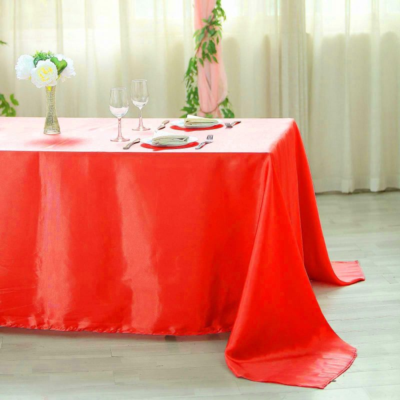 Red Seamless Satin Rectangular Tablecloth 90″x156″ for 8 Foot Table With Floor-Length Drop  |   Satin Satin Red