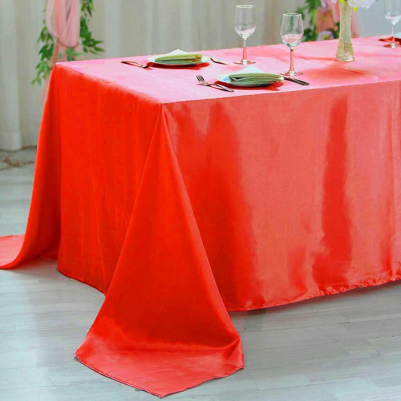 Red Seamless Satin Rectangular Tablecloth 90″x156″ for 8 Foot Table With Floor-Length Drop  |   Satin Satin Red