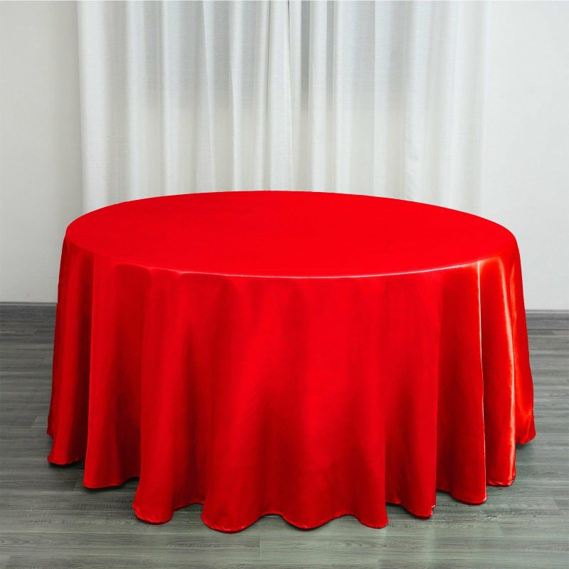 Red Seamless Satin Round Tablecloth 120″ for 5 Foot Table With Floor-Length Drop  |   Satin Satin Red