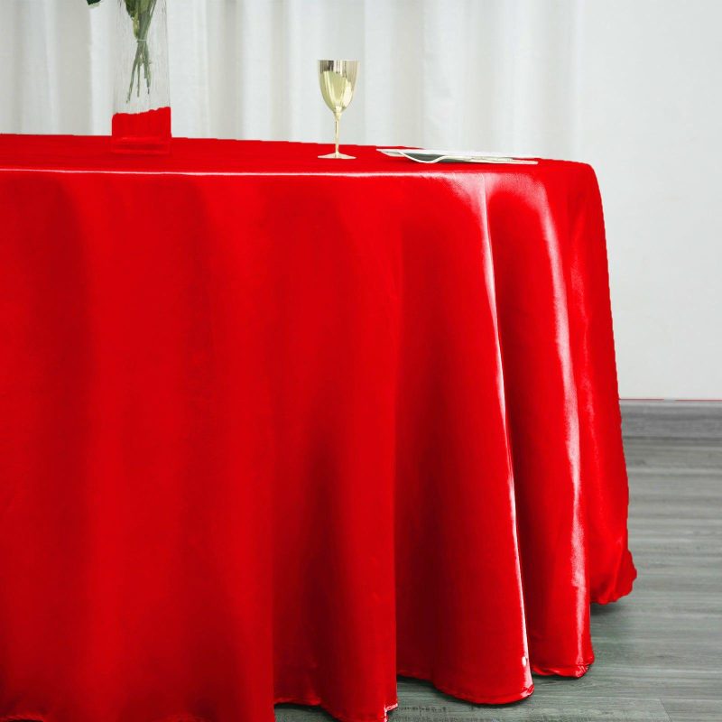 Red Seamless Satin Round Tablecloth 120″ for 5 Foot Table With Floor-Length Drop  |   Satin Satin Red