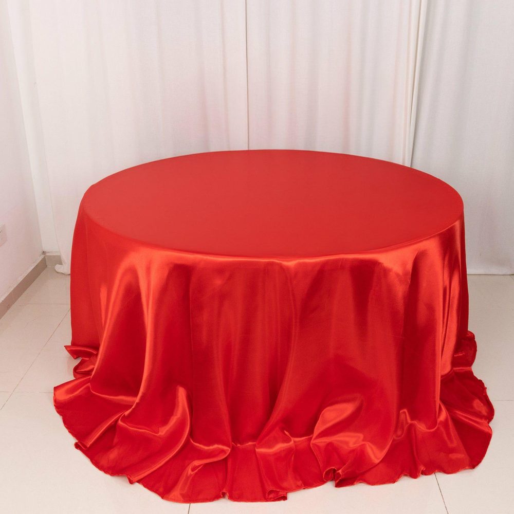 Red Seamless Satin Round Tablecloth 132″ for 6 Foot Table With Floor-Length Drop  |   Satin Satin Red