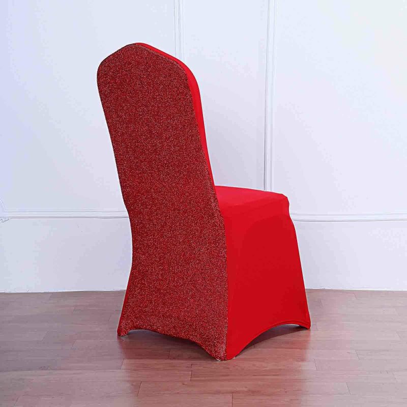 Red Spandex Stretch Banquet Chair Cover, Fitted with Metallic Shimmer Tinsel Back  |   Spandex Fitted Banquet Chair Covers Red