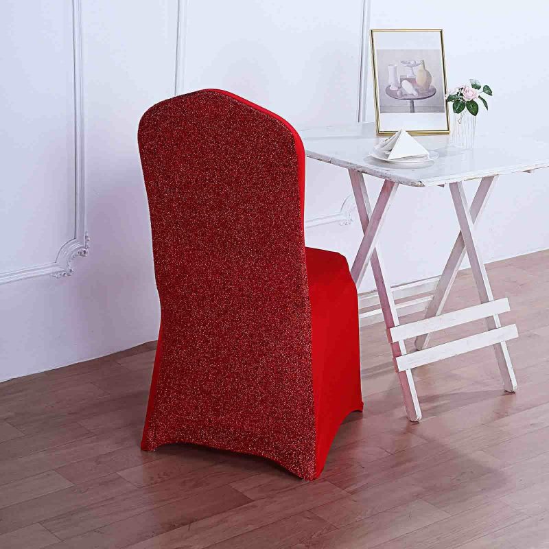 Red Spandex Stretch Banquet Chair Cover, Fitted with Metallic Shimmer Tinsel Back  |   Spandex Fitted Banquet Chair Covers Red