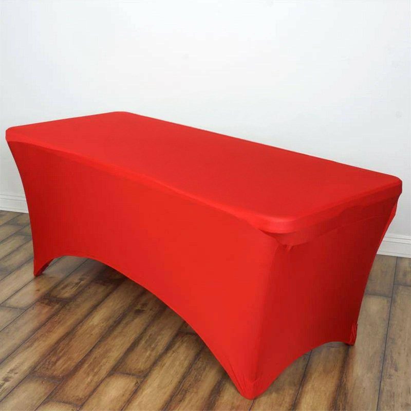 Red Stretch Spandex Rectangle Tablecloth 6ft Wrinkle Free Fitted Table Cover for 72″x30″ Tables  |   Spandex & Fitted Spandex & Fitted Red