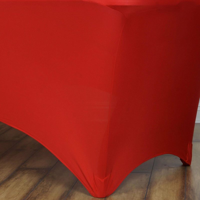 Red Stretch Spandex Rectangle Tablecloth 6ft Wrinkle Free Fitted Table Cover for 72″x30″ Tables  |   Spandex & Fitted Spandex & Fitted Red