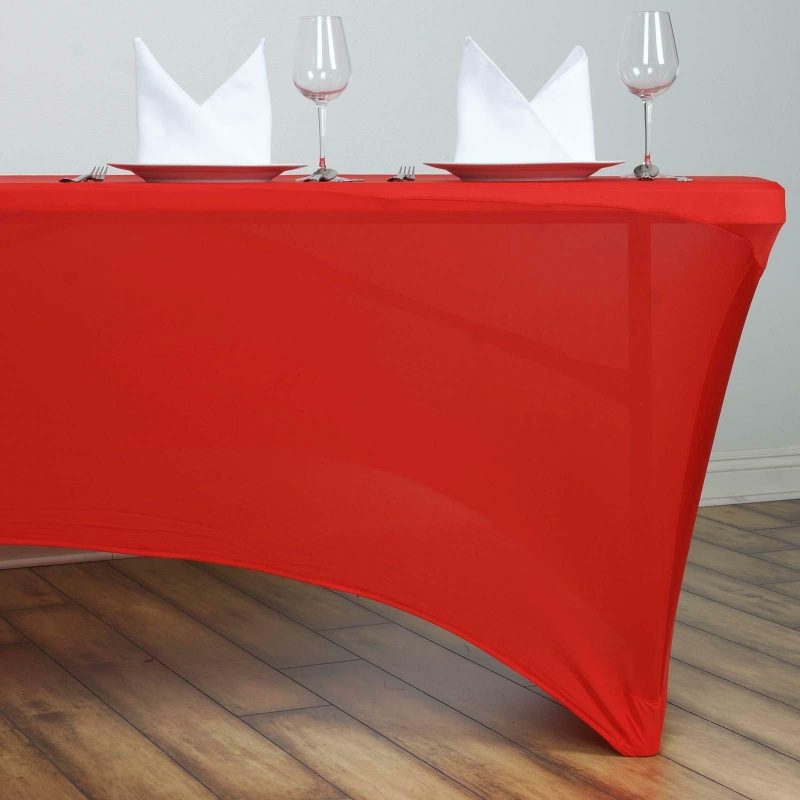 Red Stretch Spandex Rectangle Tablecloth 6ft Wrinkle Free Fitted Table Cover for 72″x30″ Tables  |   Spandex & Fitted Spandex & Fitted Red