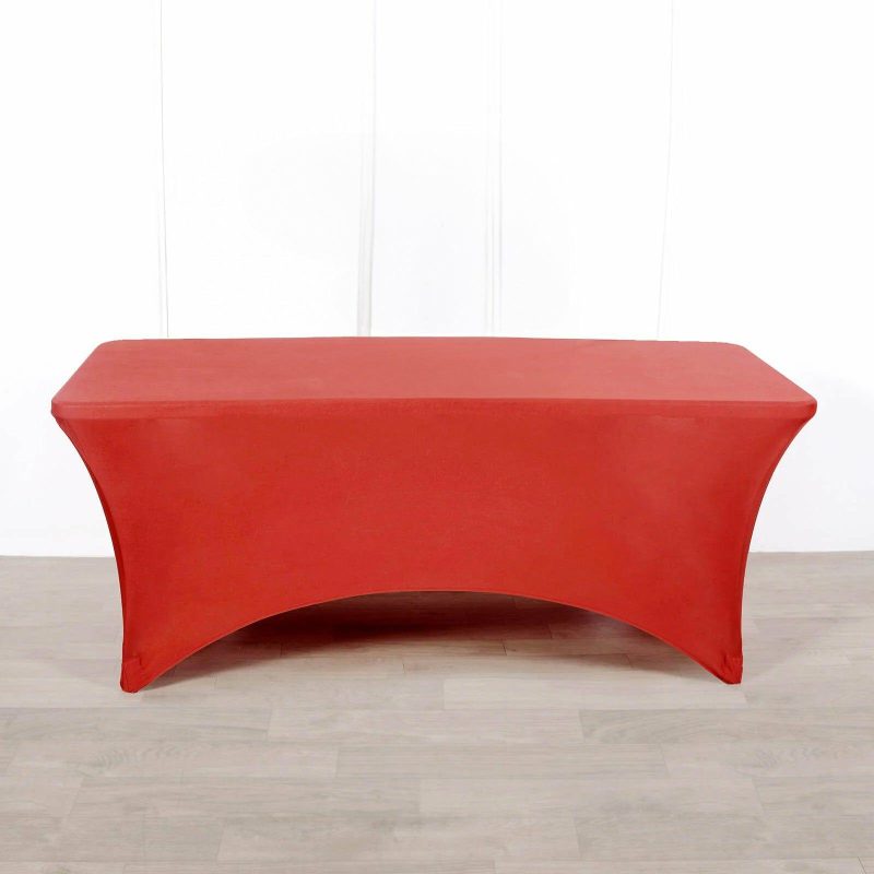 Red Stretch Spandex Rectangle Tablecloth 8ft Wrinkle Free Fitted Table Cover for 96″x30″ Tables  |   Spandex & Fitted Spandex & Fitted Red