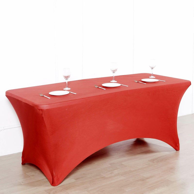 Red Stretch Spandex Rectangle Tablecloth 8ft Wrinkle Free Fitted Table Cover for 96″x30″ Tables  |   Spandex & Fitted Spandex & Fitted Red