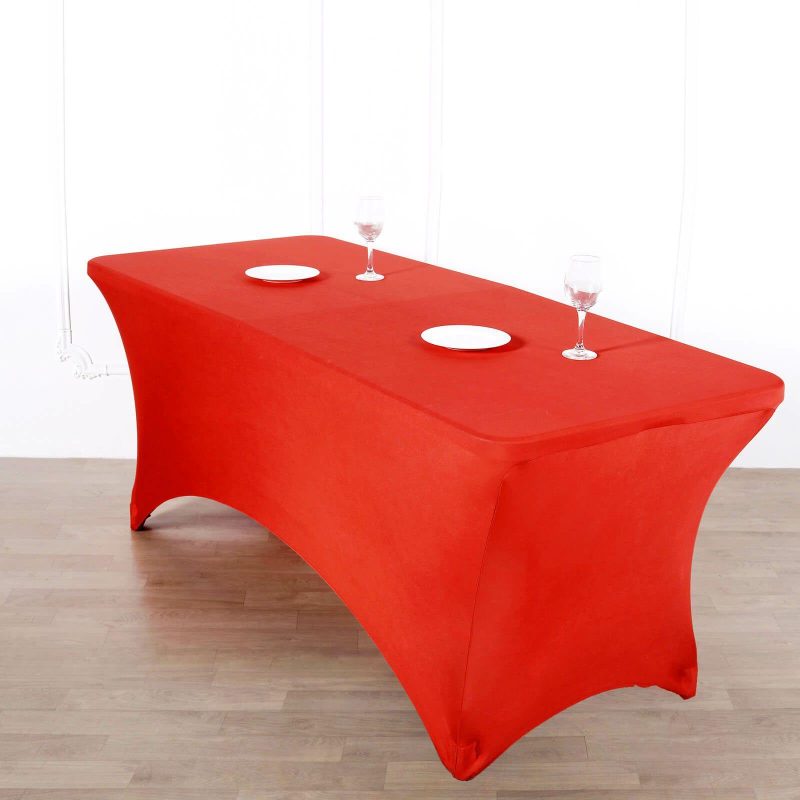 Red Stretch Spandex Rectangle Tablecloth 8ft Wrinkle Free Fitted Table Cover for 96″x30″ Tables  |   Spandex & Fitted Spandex & Fitted Red