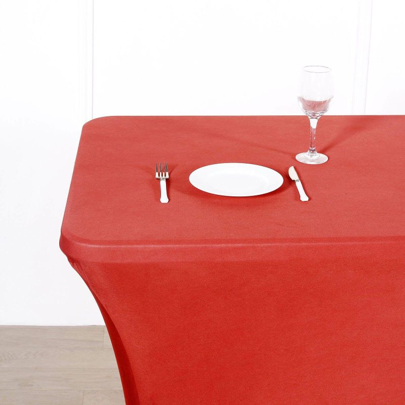 Red Stretch Spandex Rectangle Tablecloth 8ft Wrinkle Free Fitted Table Cover for 96″x30″ Tables  |   Spandex & Fitted Spandex & Fitted Red