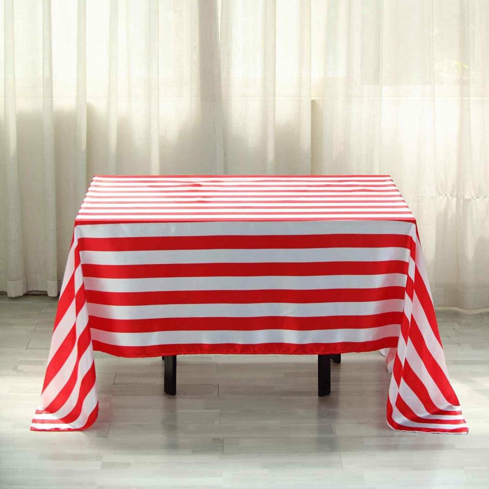 Red / White Seamless Stripe Satin Rectangle Tablecloth 60″x102″  |   Satin Satin Red