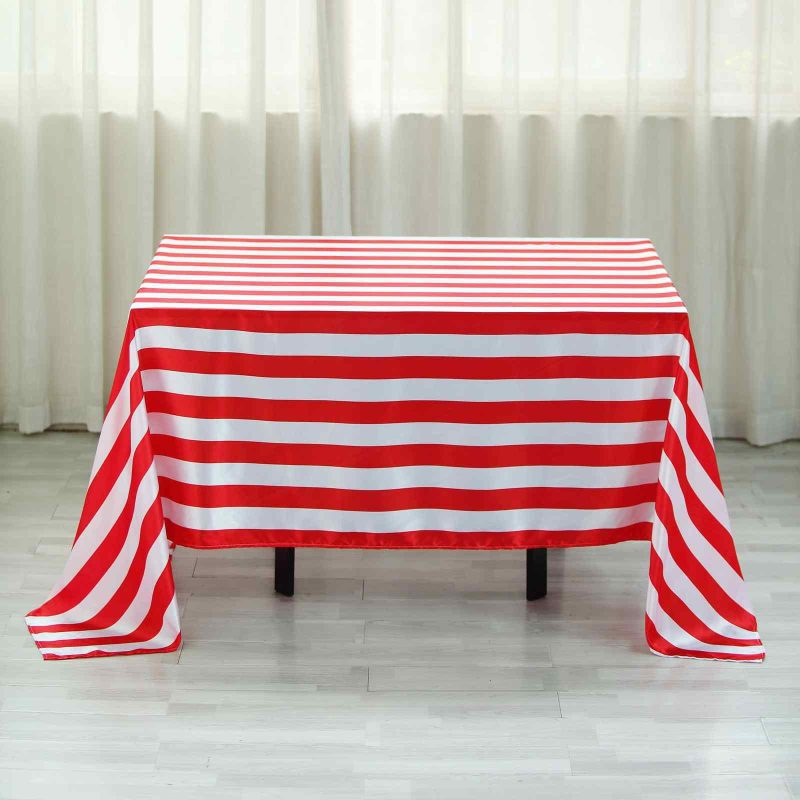 Red / White Seamless Stripe Satin Rectangle Tablecloth 60″x102″  |   Satin Satin Red