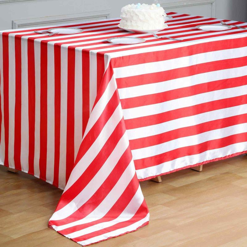 Red / White Seamless Stripe Satin Rectangle Tablecloth 60″x102″  |   Satin Satin Red