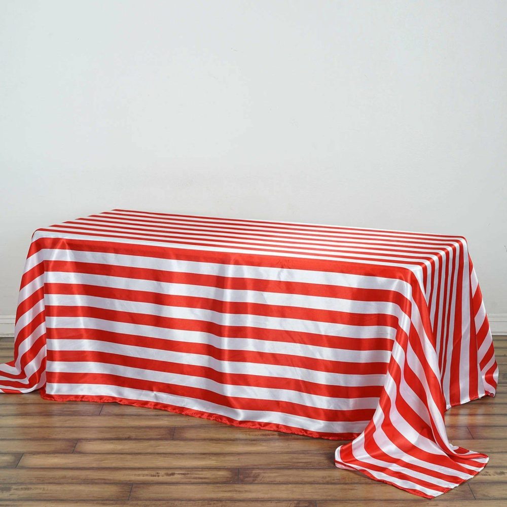 Red / White Seamless Stripe Satin Rectangle Tablecloth 90″x132″ for 6 Foot Table With Floor-Length Drop  |   Satin Satin Red