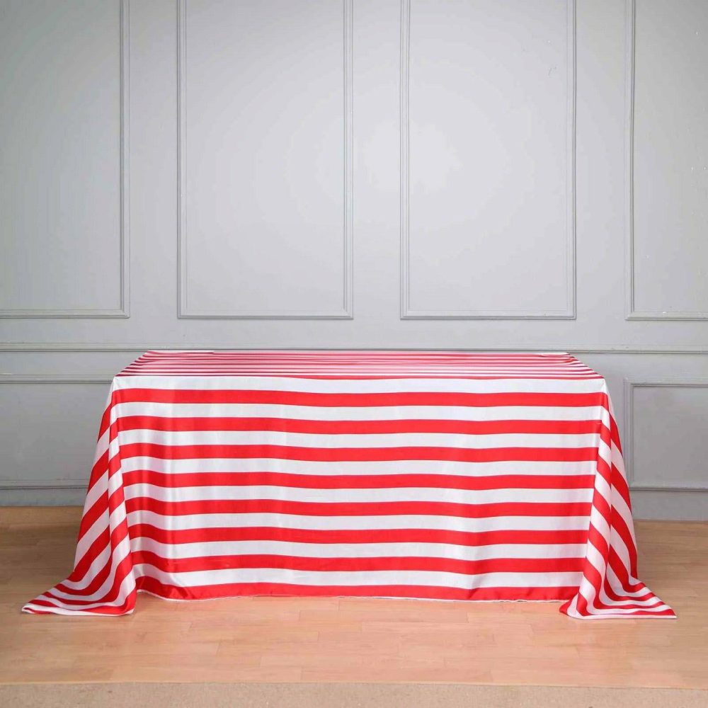 Red / White Seamless Stripe Satin Rectangle Tablecloth 90″x156″ for 8 Foot Table With Floor-Length Drop  |   Satin Satin Red