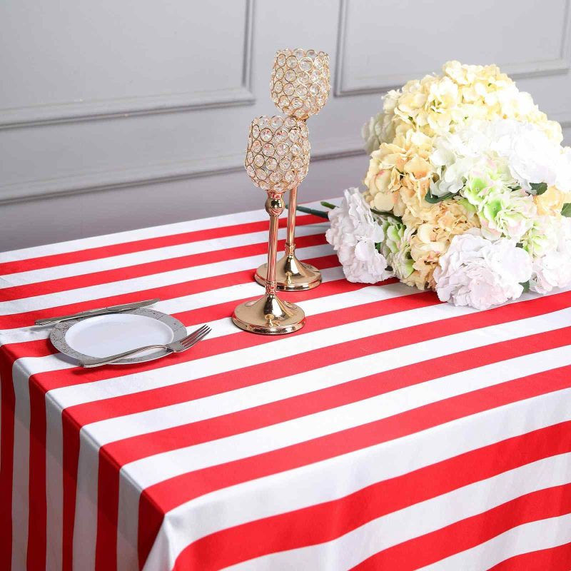 Red / White Seamless Stripe Satin Rectangle Tablecloth 90″x156″ for 8 Foot Table With Floor-Length Drop  |   Satin Satin Red